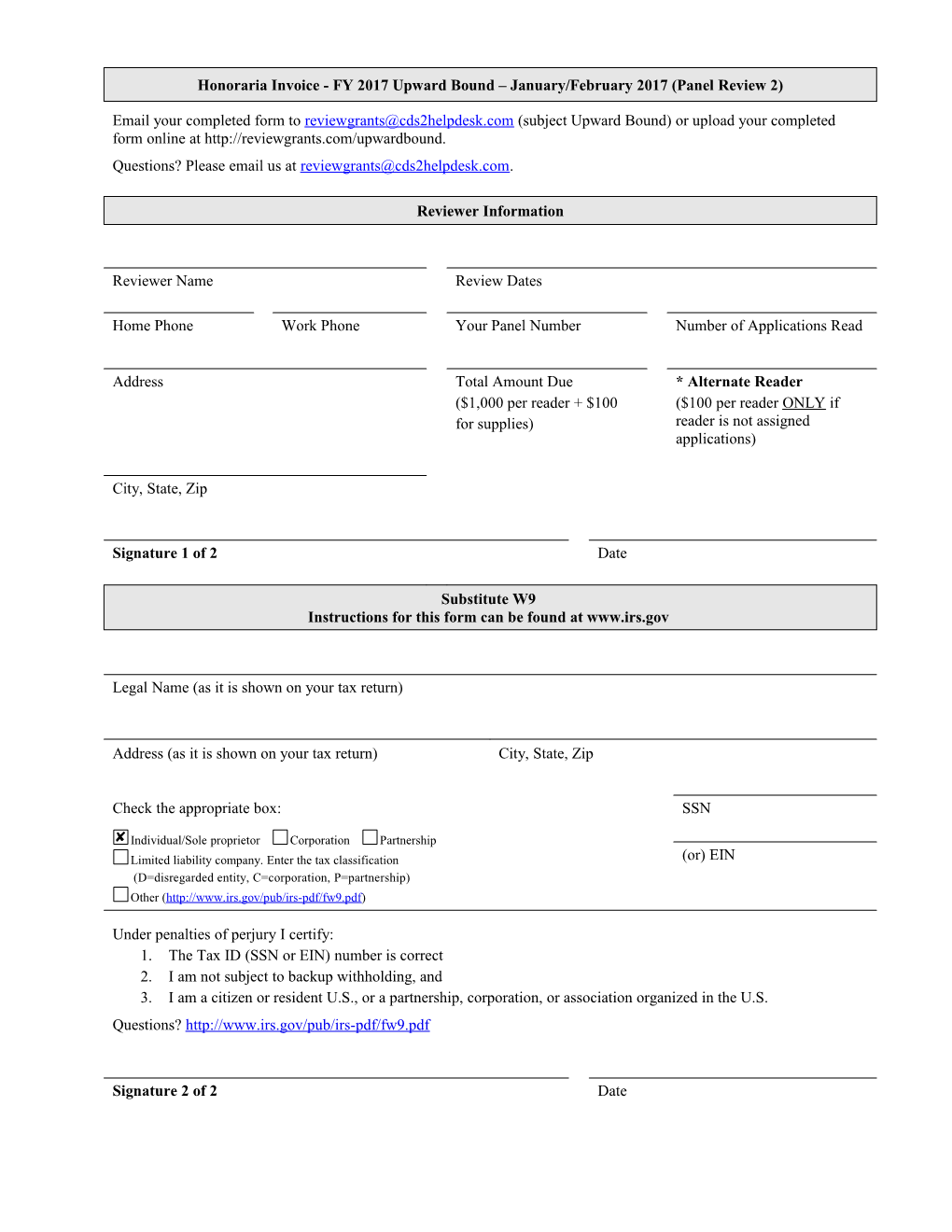 Honoraria Invoice - FY 2017 Upward Bound January/February 2017 (Panel Review 2)