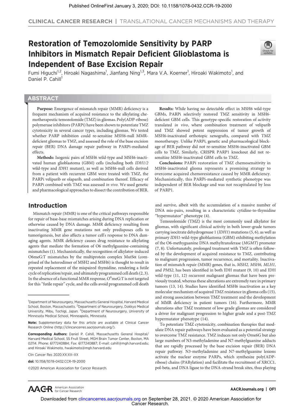 Restoration of Temozolomide Sensitivity by PARP Inhibitors In