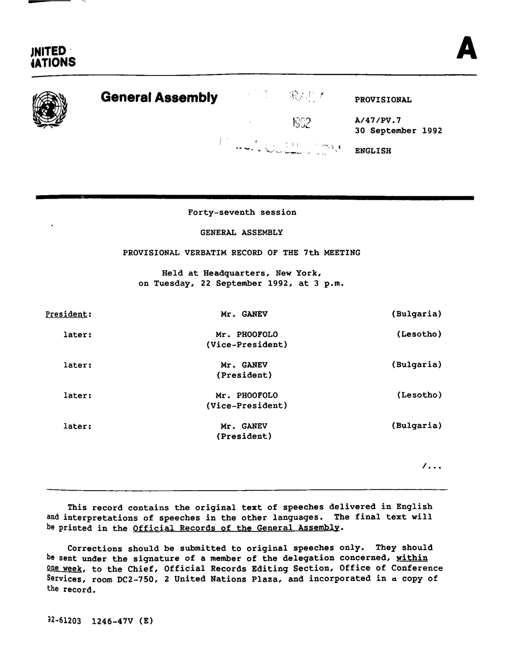 General Assembly PROVISIONAL