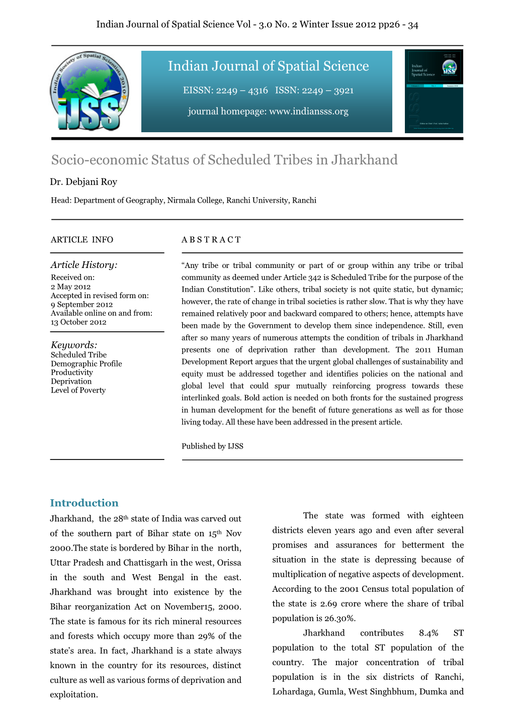 Socio-Economic Status of Scheduled Tribes in Jharkhand Indian Journal