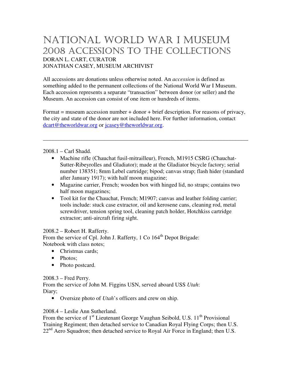 National World War I Museum 2008 Accessions to the Collections Doran L