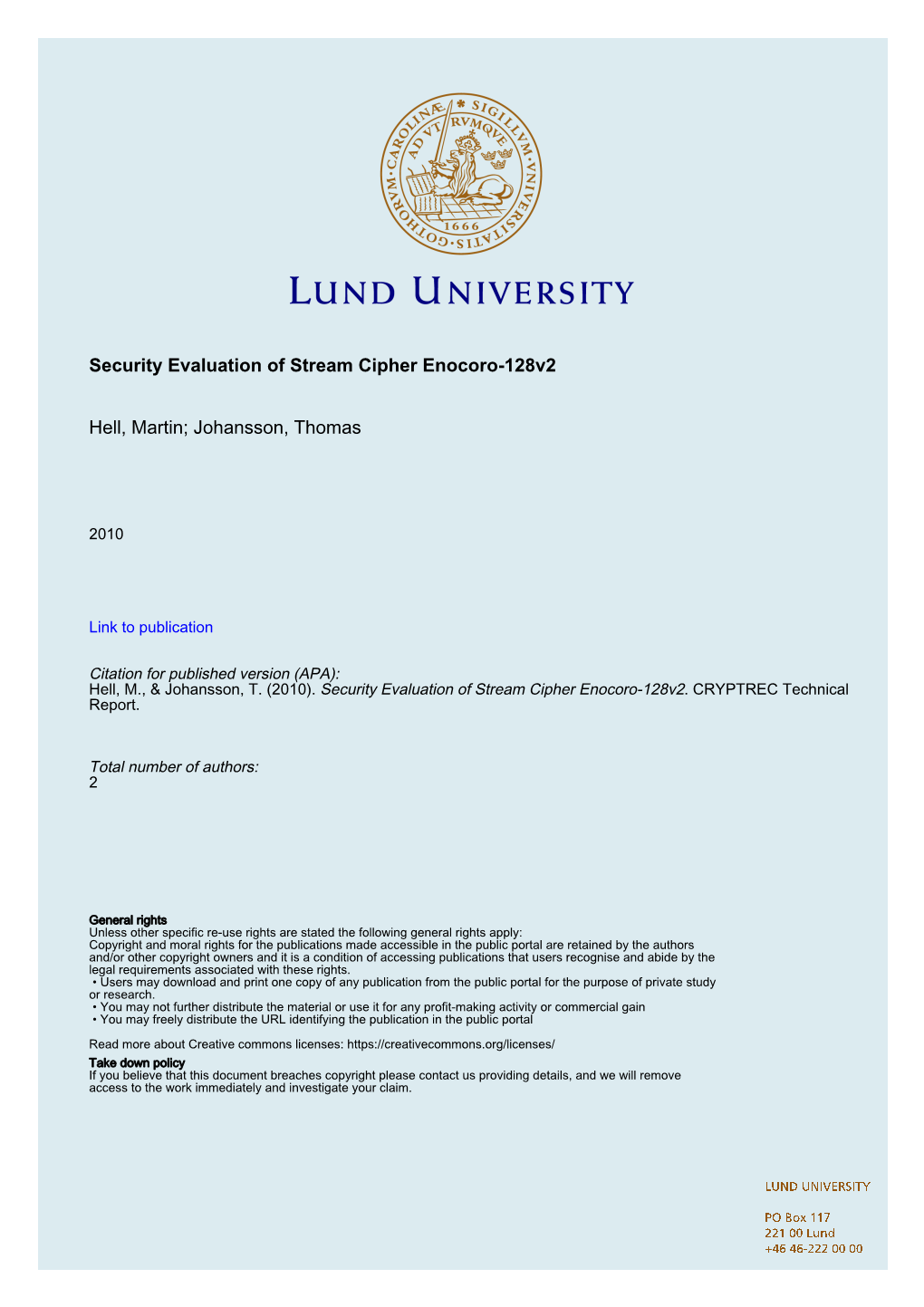 Security Evaluation of Stream Cipher Enocoro-128V2