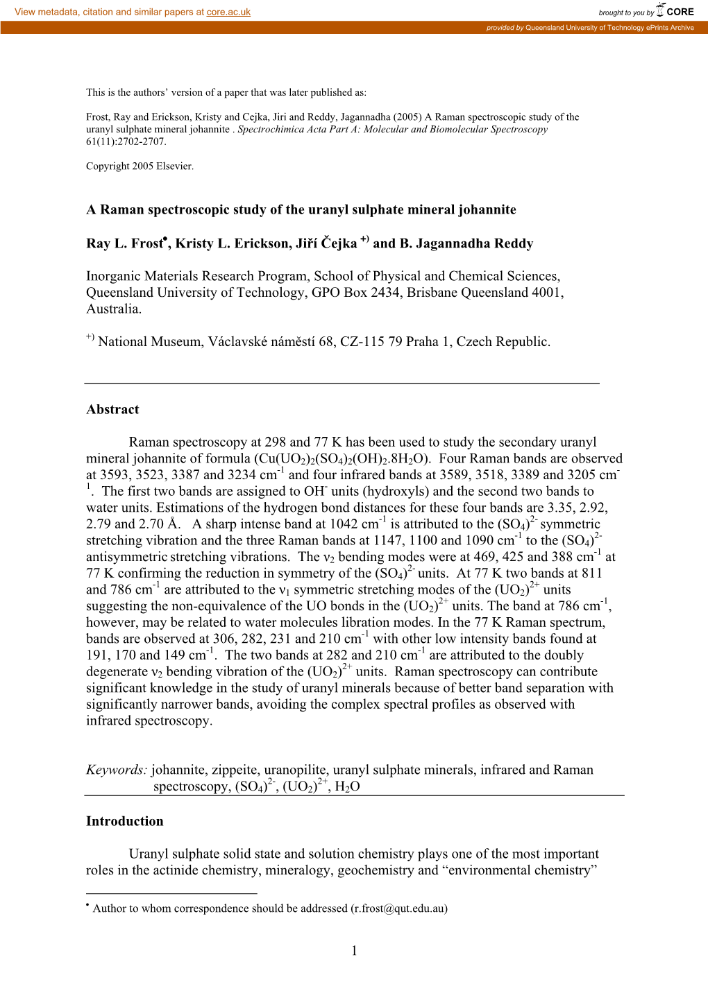 1 a Raman Spectroscopic Study of the Uranyl Sulphate Mineral Johannite