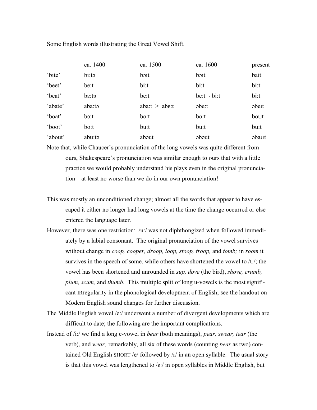 Some English Words Illustrating the Great Vowel Shift. Ca. 1400 Ca. 1500 Ca. 1600 Present 'Bite' Bi:Tə Bəit Bəit