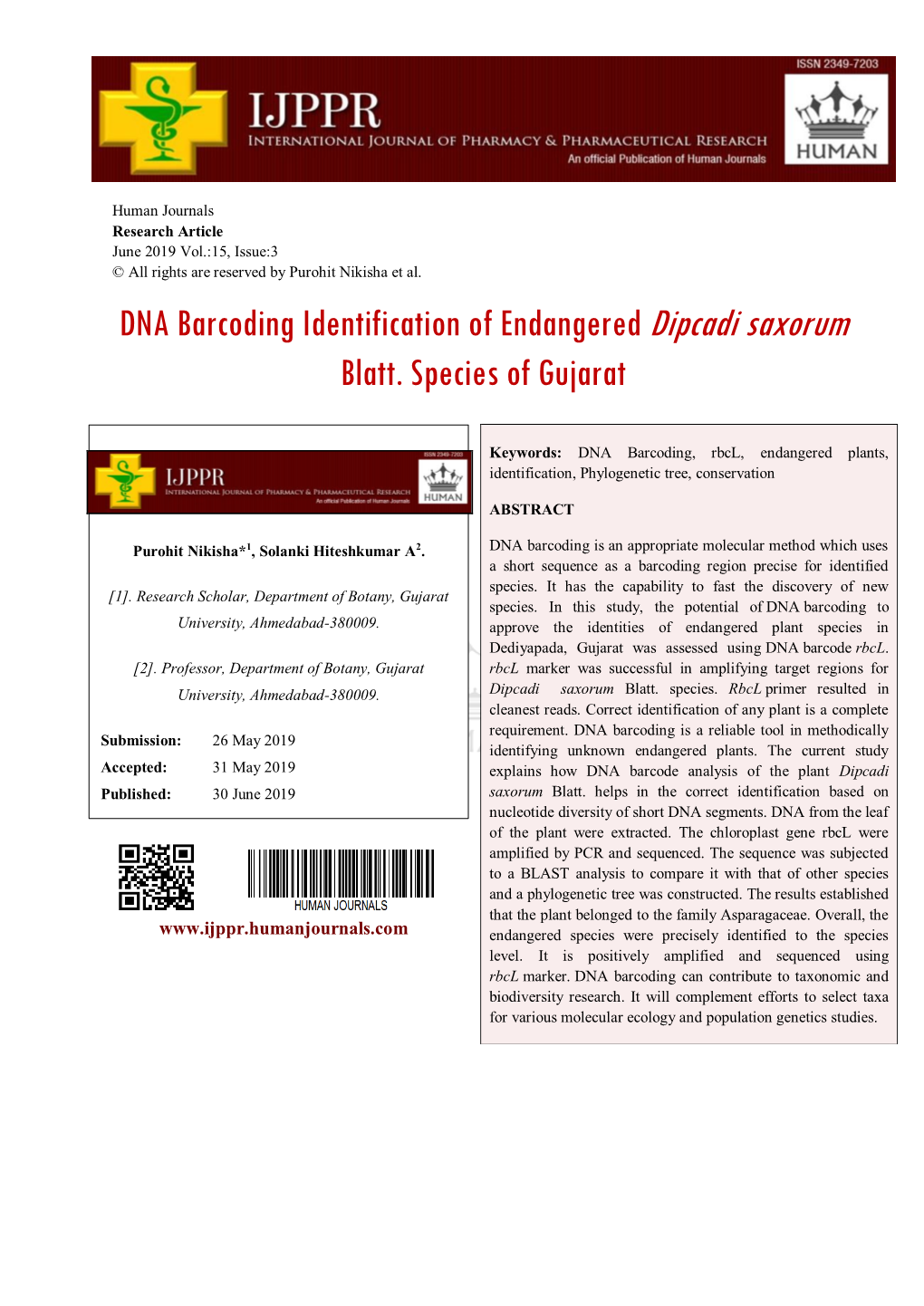 DNA Barcoding Identification of Endangered Dipcadi Saxorum Blatt