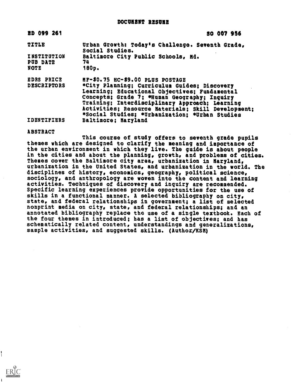 DOCUMENT RESUME ED 099 261 SO 007 956 TITLE Urban