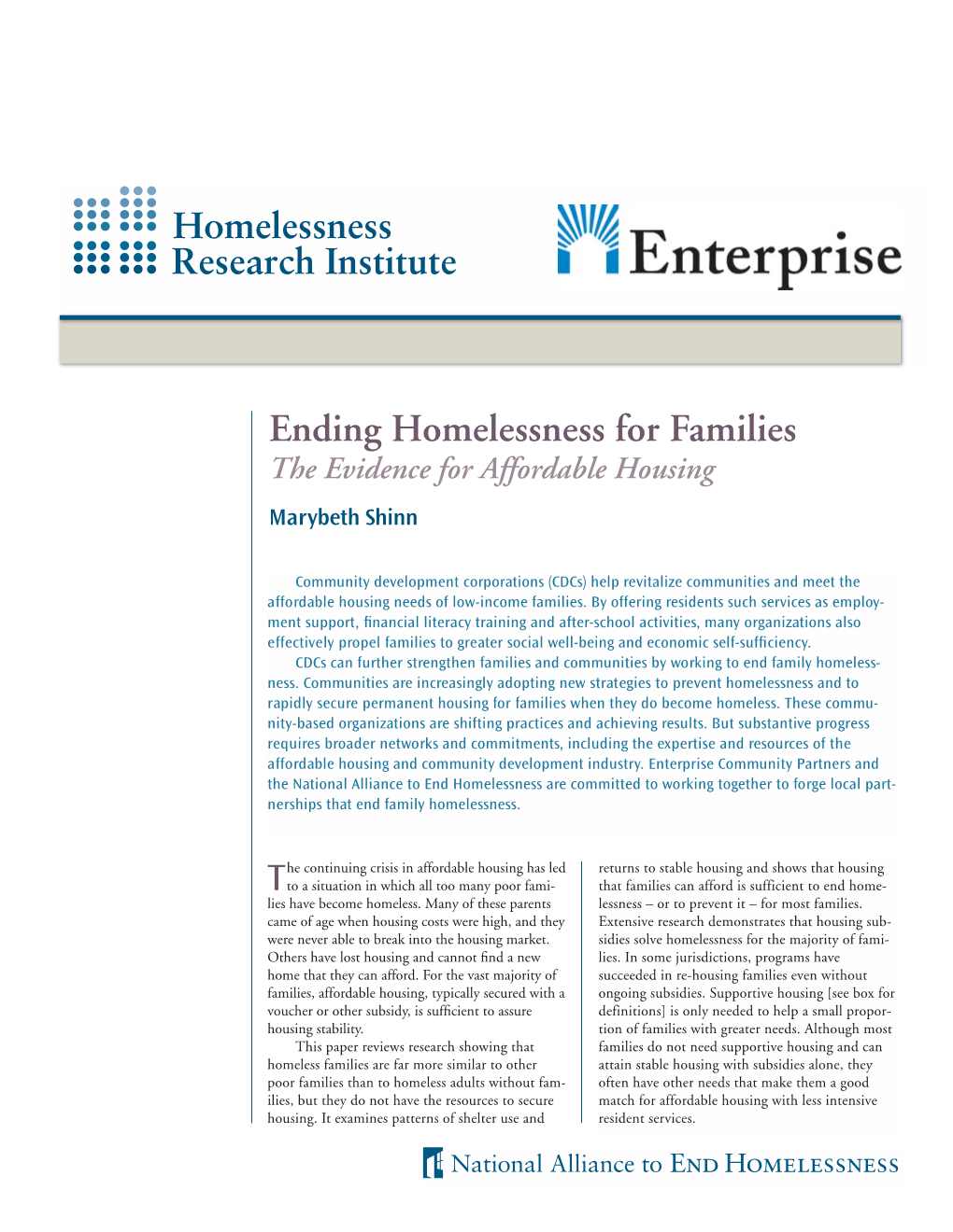 Ending Homelessness for Families: the Evidence for Affordable Housing