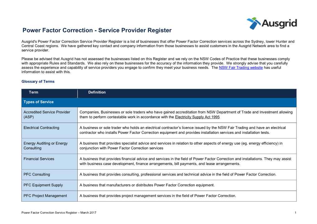 Power Factor Correction - Service Provider Register