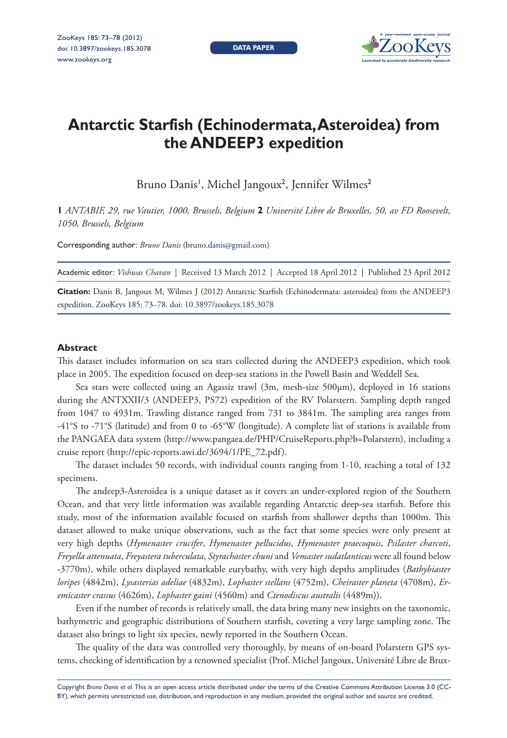 Antarctic Starfish (Echinodermata, Asteroidea) from the ANDEEP3 Expedition