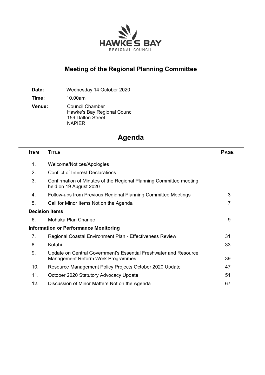 Agenda of Regional Planning Committee