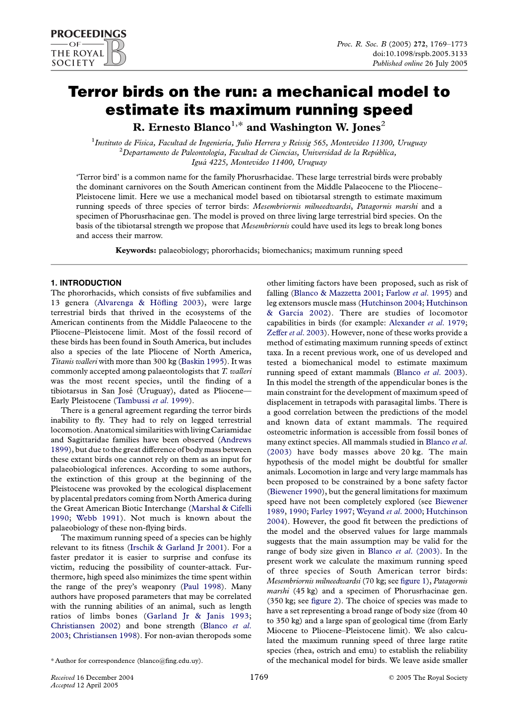 Terror Birds on the Run: a Mechanical Model to Estimate Its Maximum Running Speed R