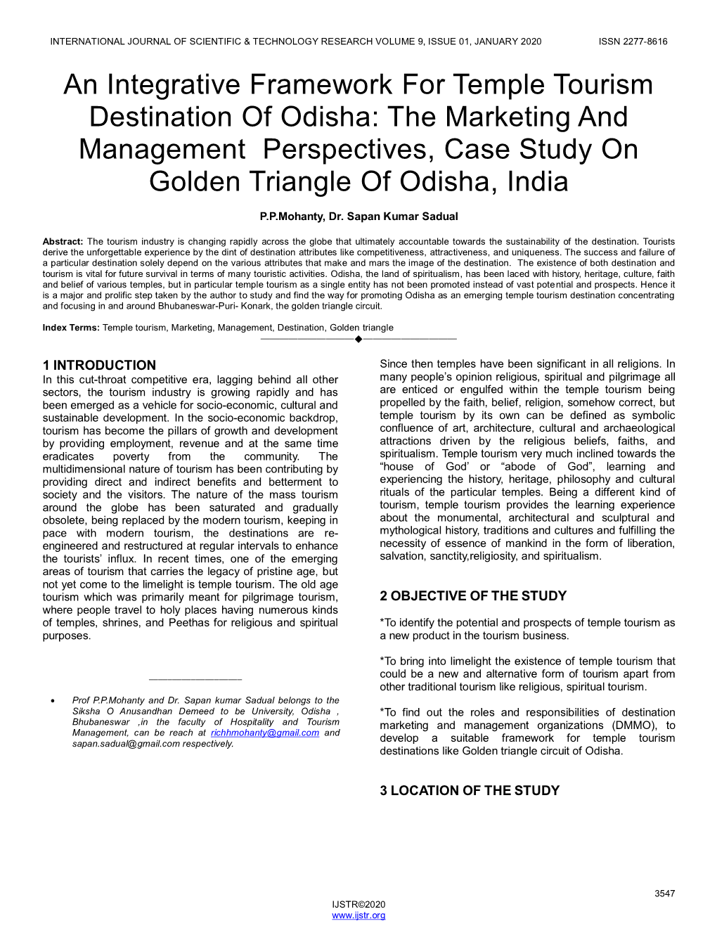 An Integrative Framework for Temple Tourism Destination of Odisha: the Marketing and Management Perspectives, Case Study on Golden Triangle of Odisha, India