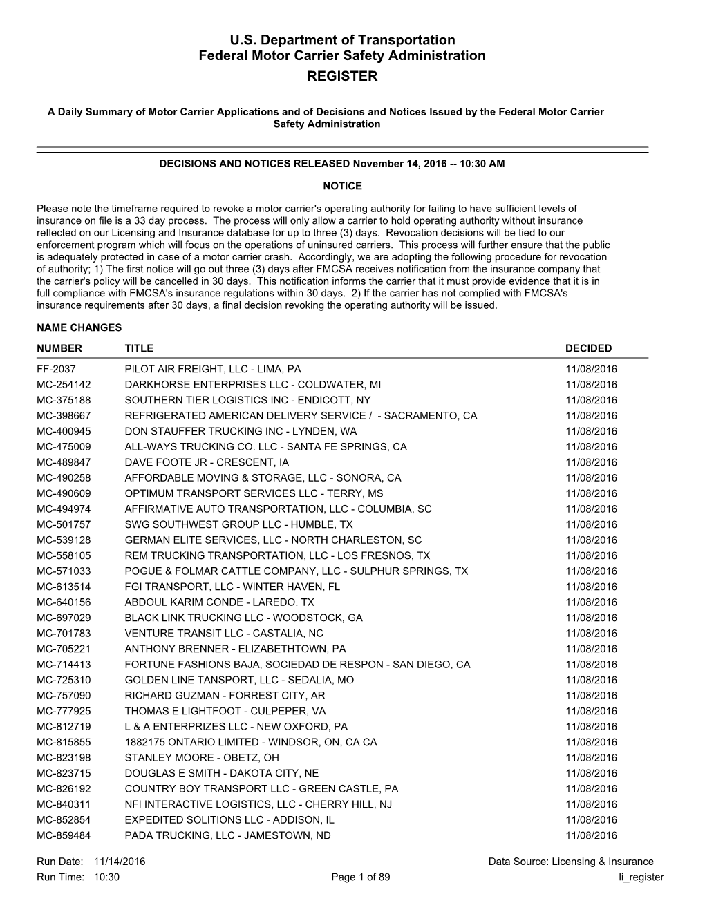 U.S. Department of Transportation Federal Motor Carrier Safety Administration REGISTER