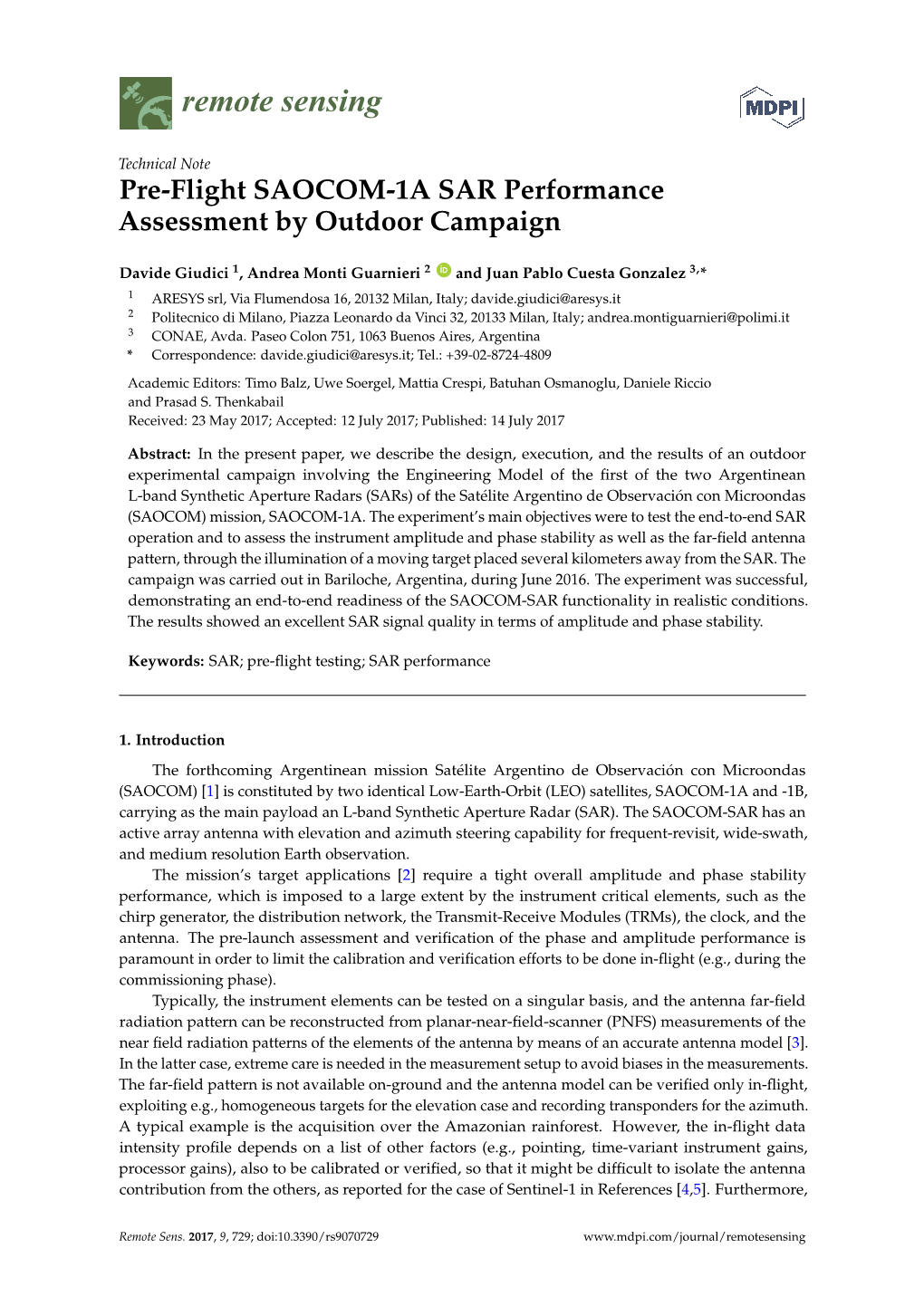 Pre-Flight SAOCOM-1A SAR Performance Assessment by Outdoor Campaign