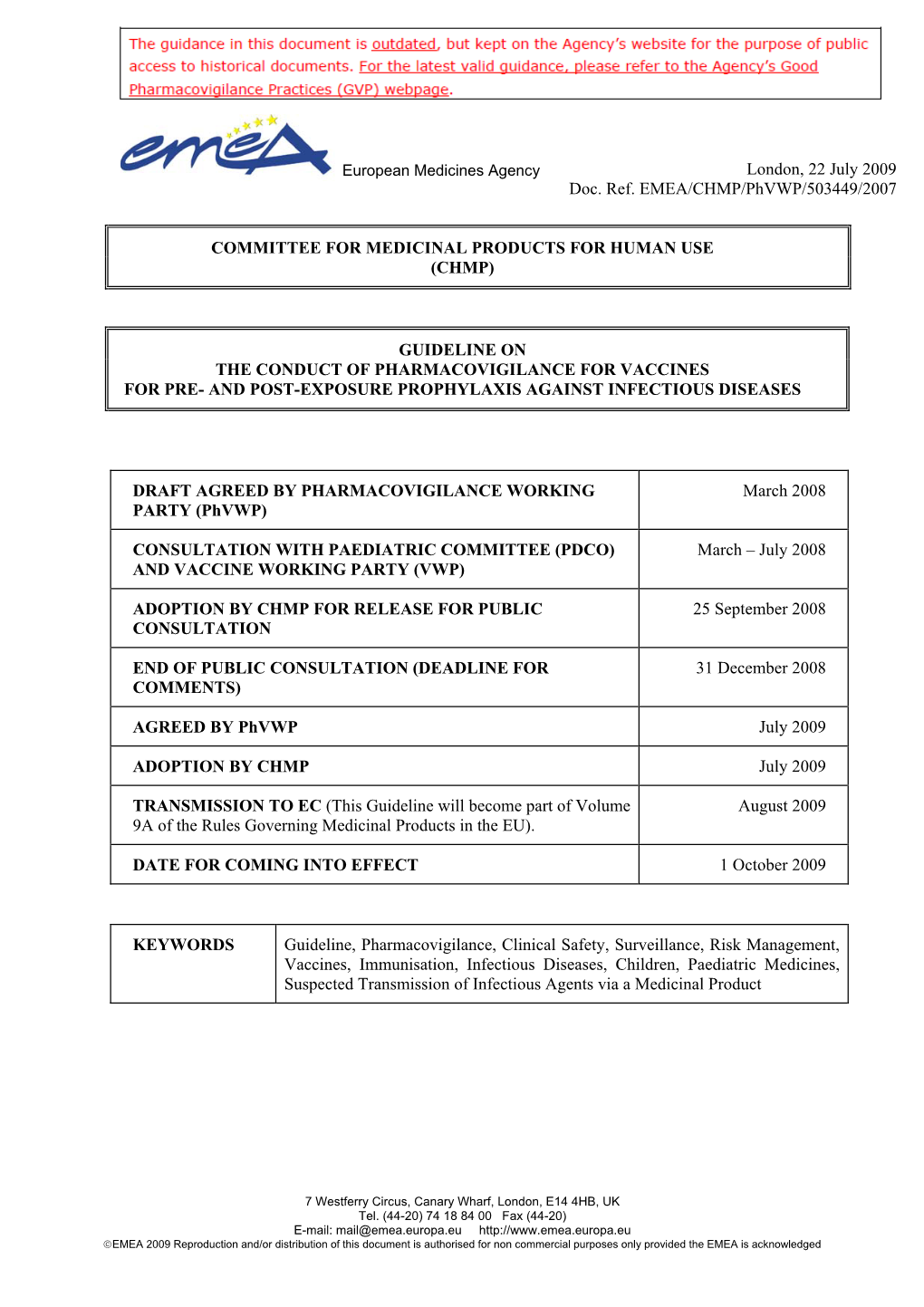 Guideline on the Conduct of Pharmacovigilance for Vaccines for Pre- and Post-Exposure Prophylaxis Against Infectious Diseases