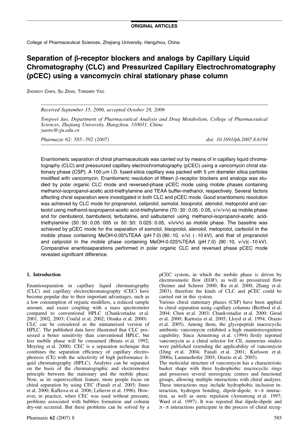 Separation of Β-Receptor Blockers and Analogs by Capillary Liquid Chromatography