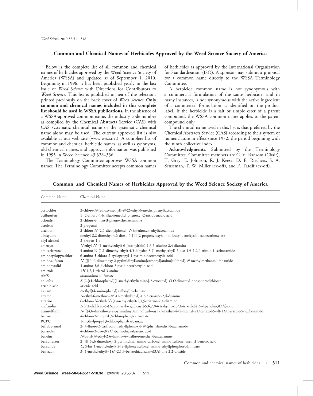 Common and Chemical Names of Herbicides Approved by the WSSA