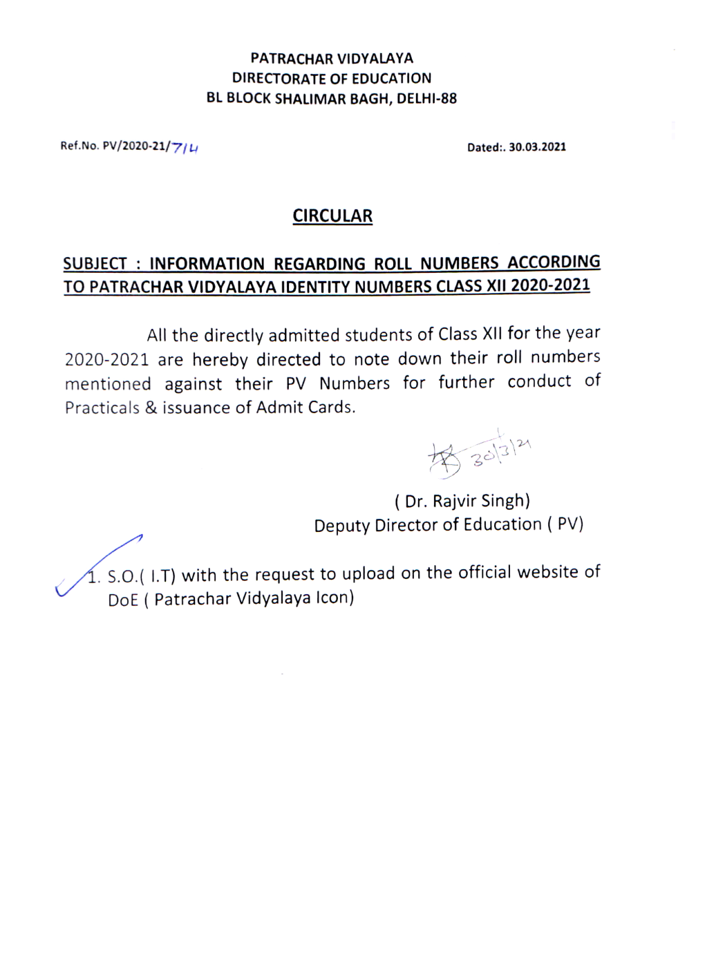 Patrachar Vidyalaya : Bl Block Shalimar Bagh Delhi-88 Class Xii , Roll Numbers According to Pv Numbers ( 2020-2021)