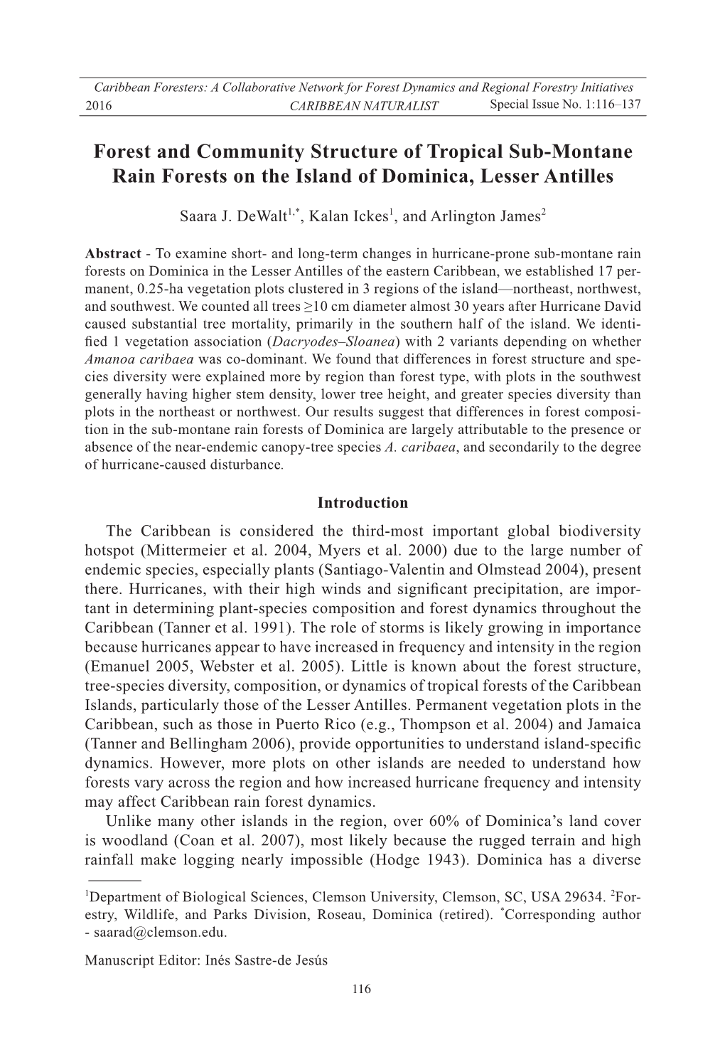 Forest and Community Structure of Tropical Sub-Montane Rain Forests on the Island of Dominica, Lesser Antilles