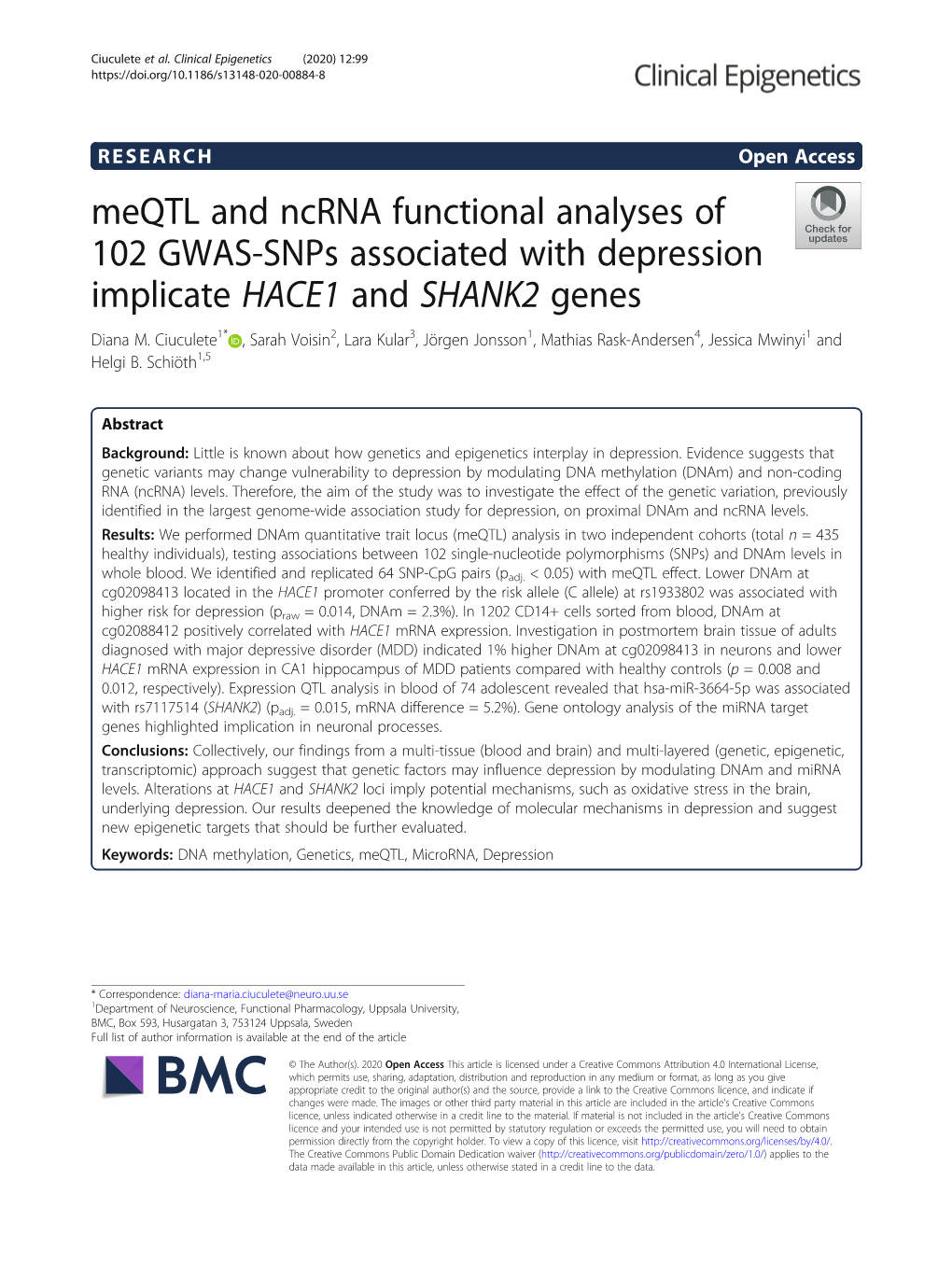 Meqtl and Ncrna Functional Analyses of 102 GWAS-Snps Associated with Depression Implicate HACE1 and SHANK2 Genes Diana M