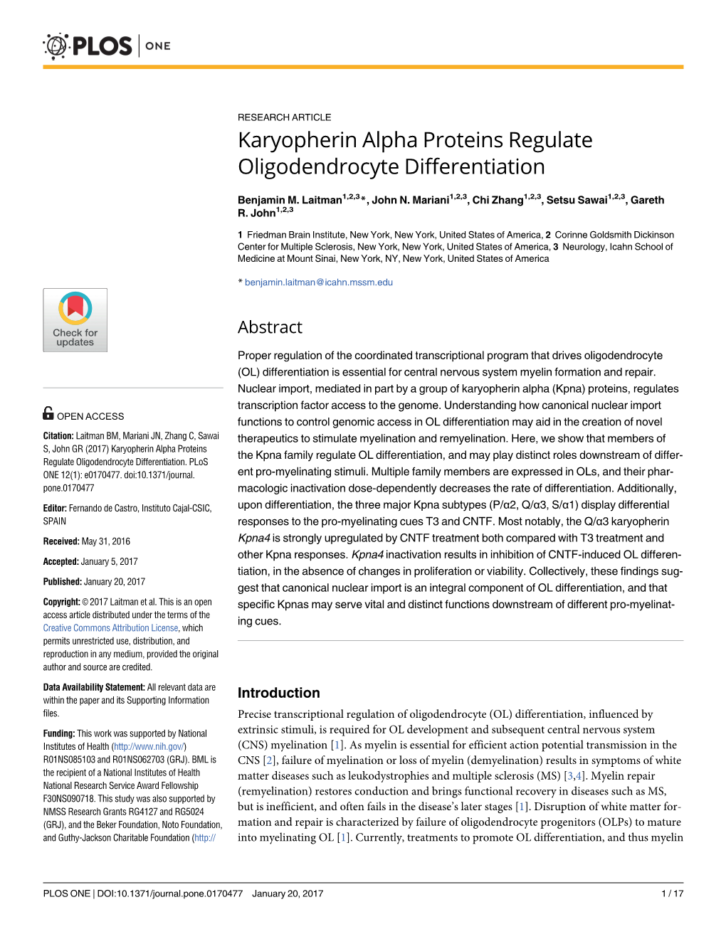 Karyopherin Alpha Proteins Regulate Oligodendrocyte Differentiation