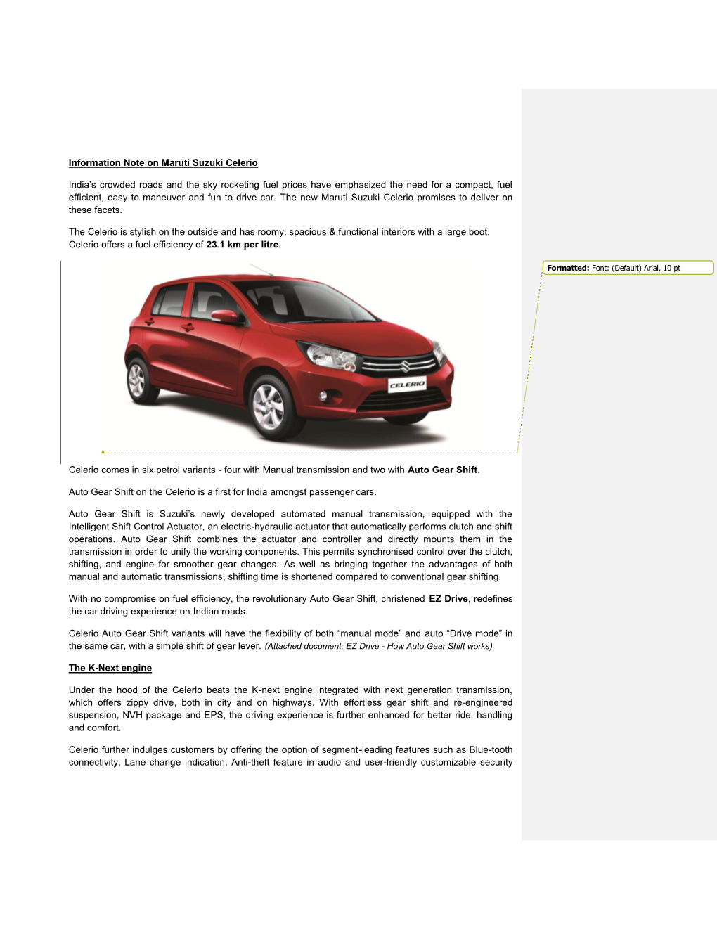 Information Note on Maruti Suzuki Celerio India's Crowded Roads And