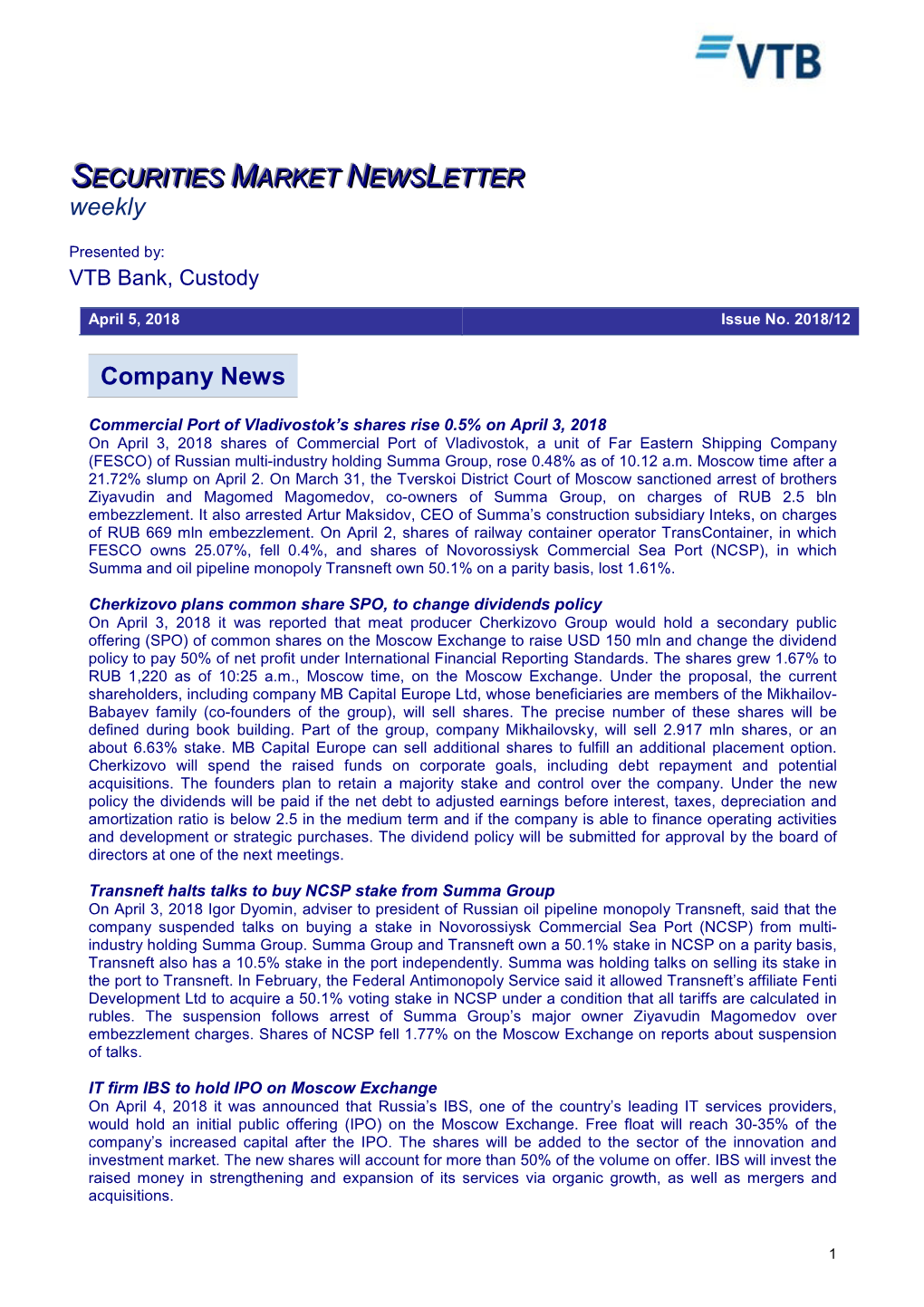 Company News SECURITIES MARKET NEWS