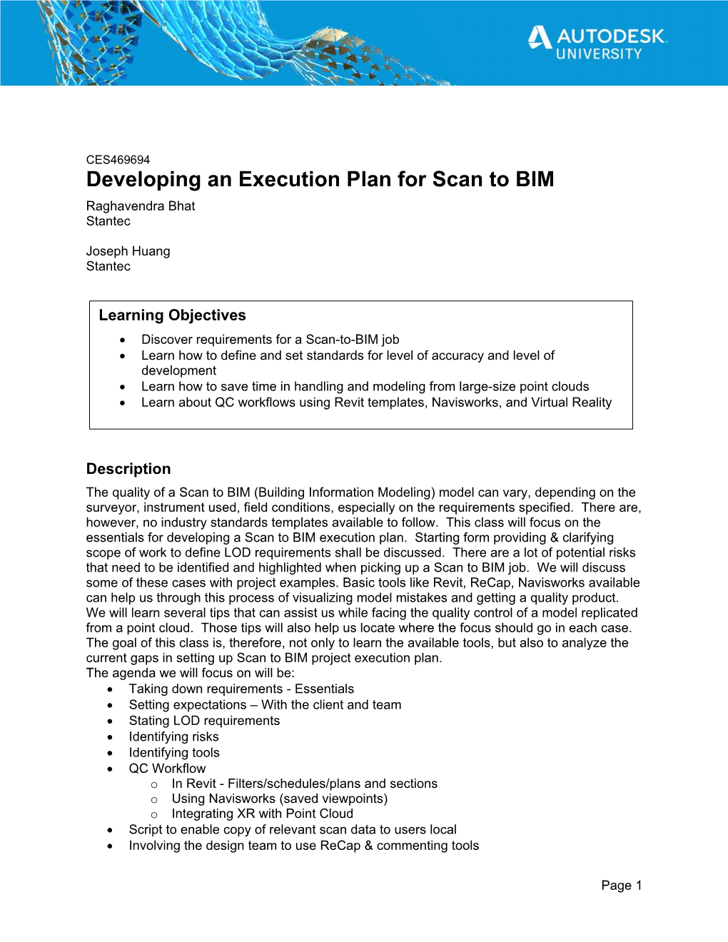 Developing an Execution Plan for Scan to BIM Raghavendra Bhat Stantec