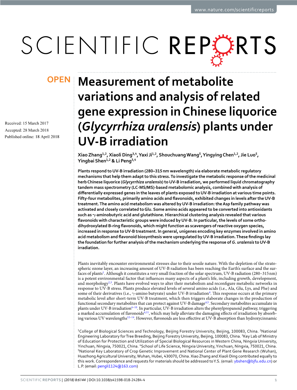 Measurement of Metabolite Variations and Analysis of Related Gene Expression in Chinese Liquorice (Glycyrrhiza Uralensis) Plants