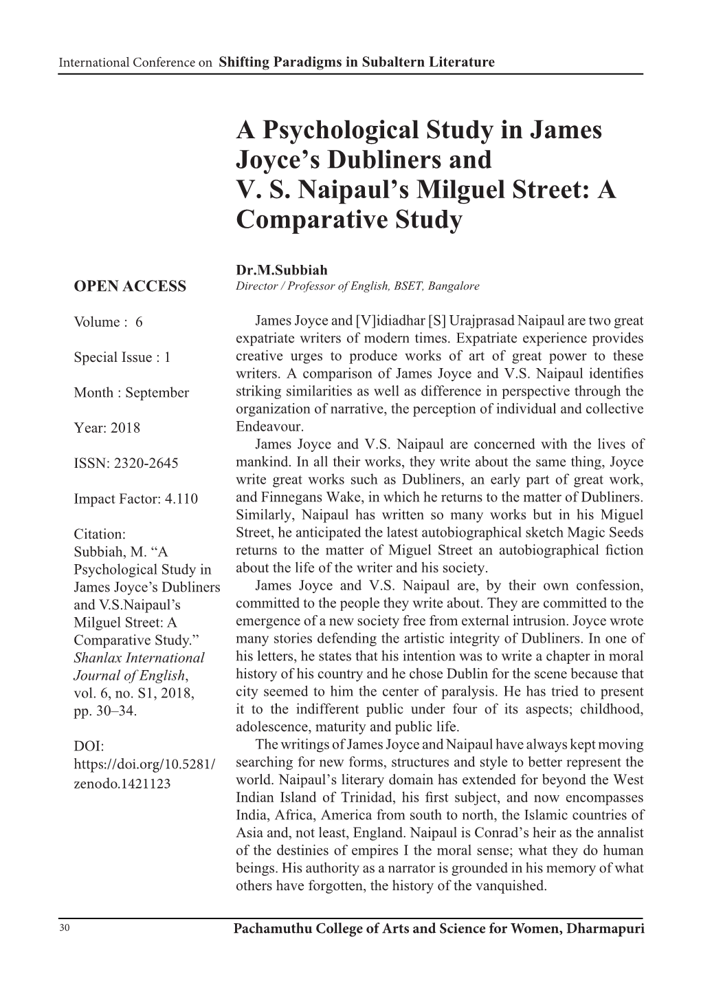 A Psychological Study in James Joyce's Dubliners and VS