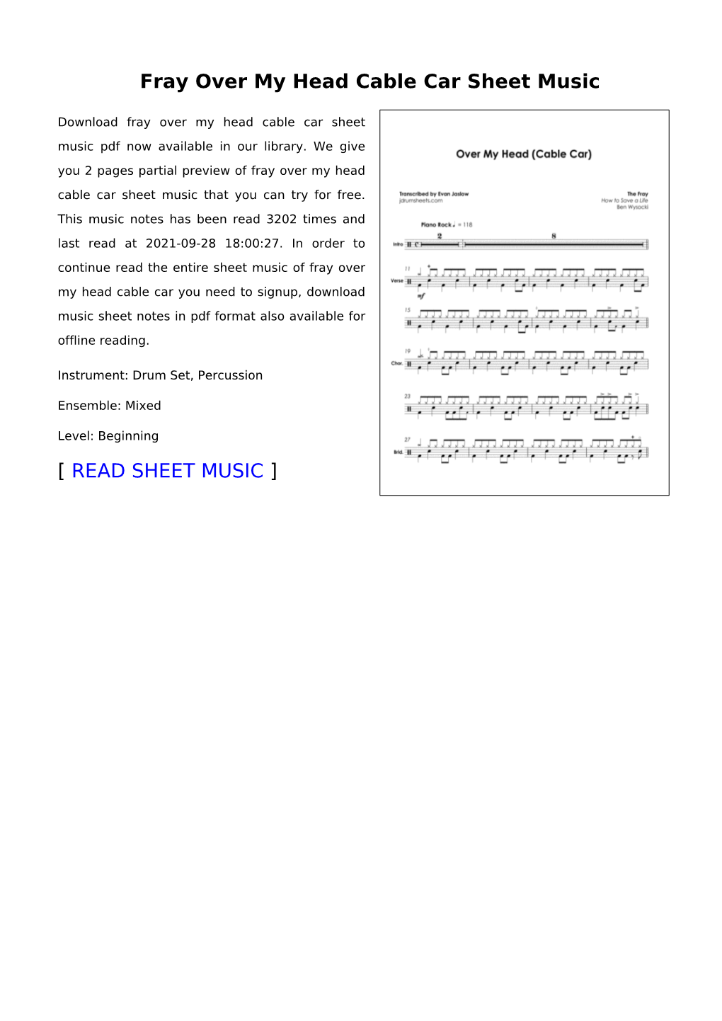 Fray Over My Head Cable Car Sheet Music