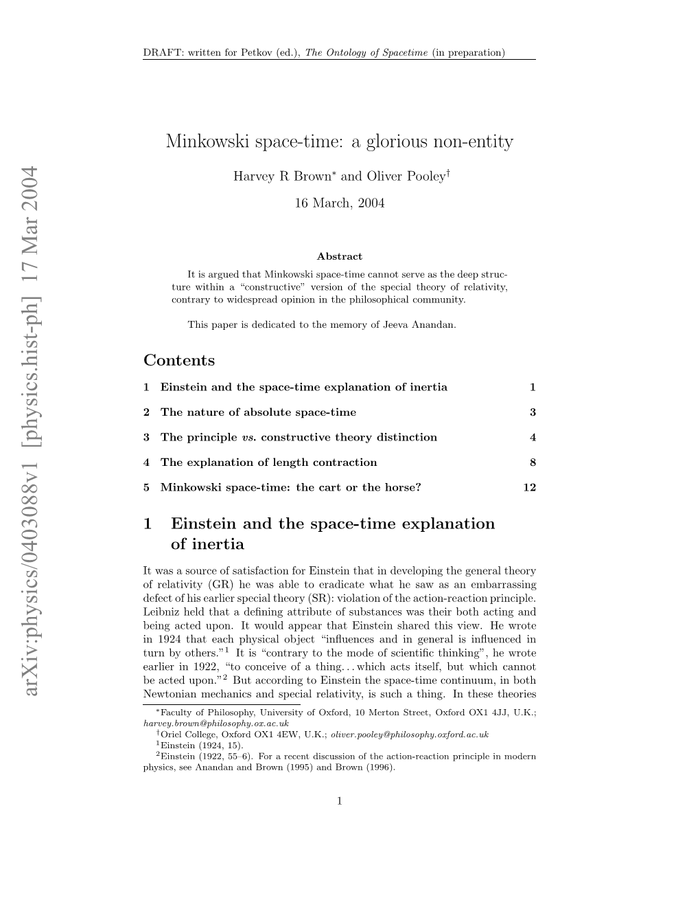 Minkowski Space-Time: a Glorious Non-Entity