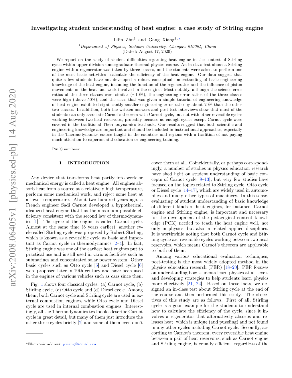 Arxiv:2008.06405V1 [Physics.Ed-Ph] 14 Aug 2020 Fig.1 Shows Four Classical Cycles: (A) Carnot Cycle, (B) Stirling Cycle, (C) Otto Cycle and (D) Diesel Cycle