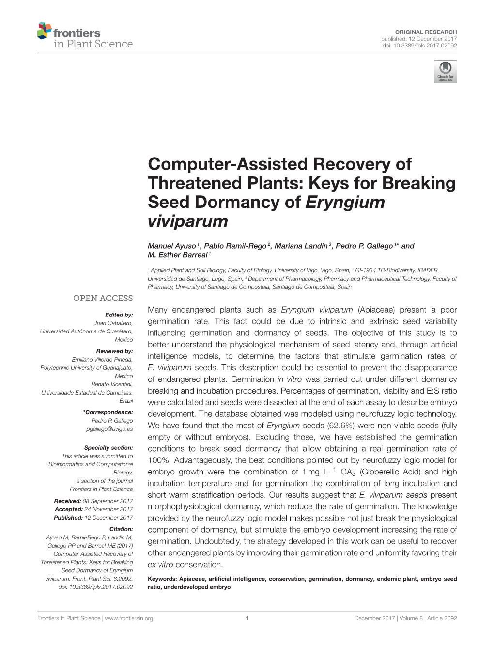 Computer-Assisted Recovery of Threatened Plants: Keys for Breaking Seed Dormancy of Eryngium Viviparum