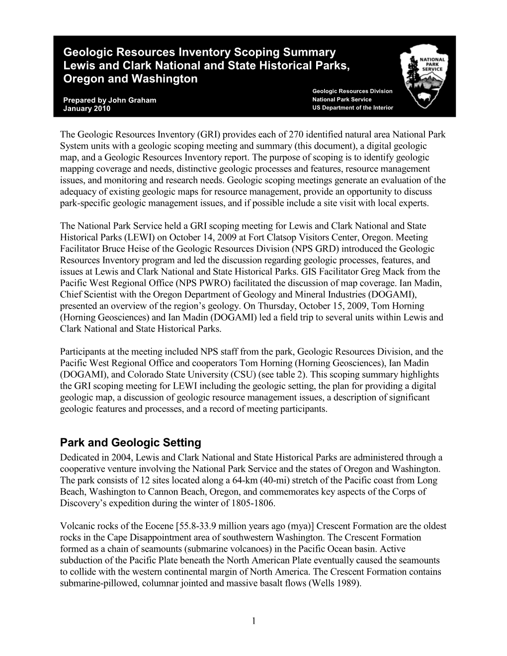 Geologic Resources Inventory Scoping Summary Lewis and Clark National and State Historical Parks