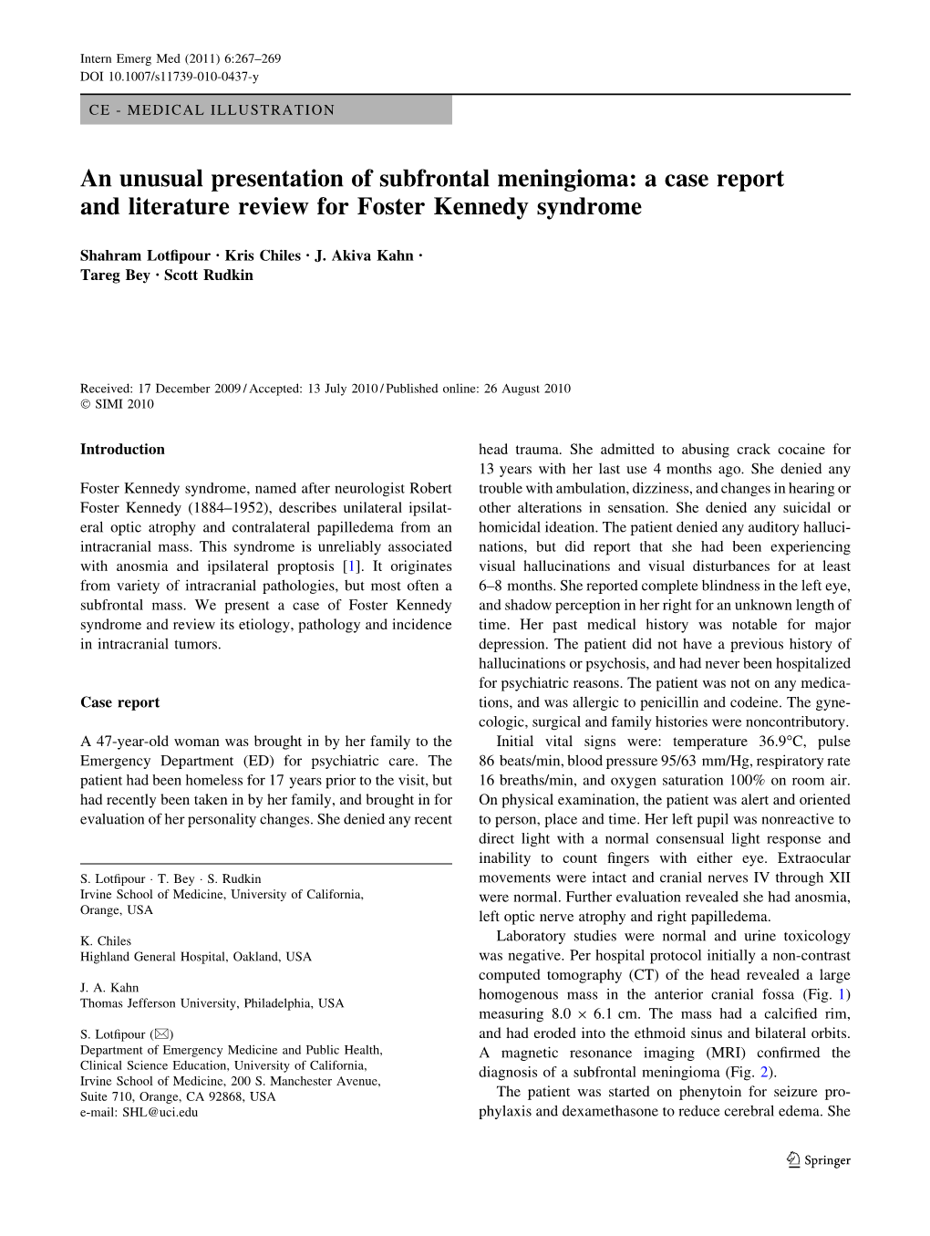 An Unusual Presentation of Subfrontal Meningioma: a Case Report and Literature Review for Foster Kennedy Syndrome