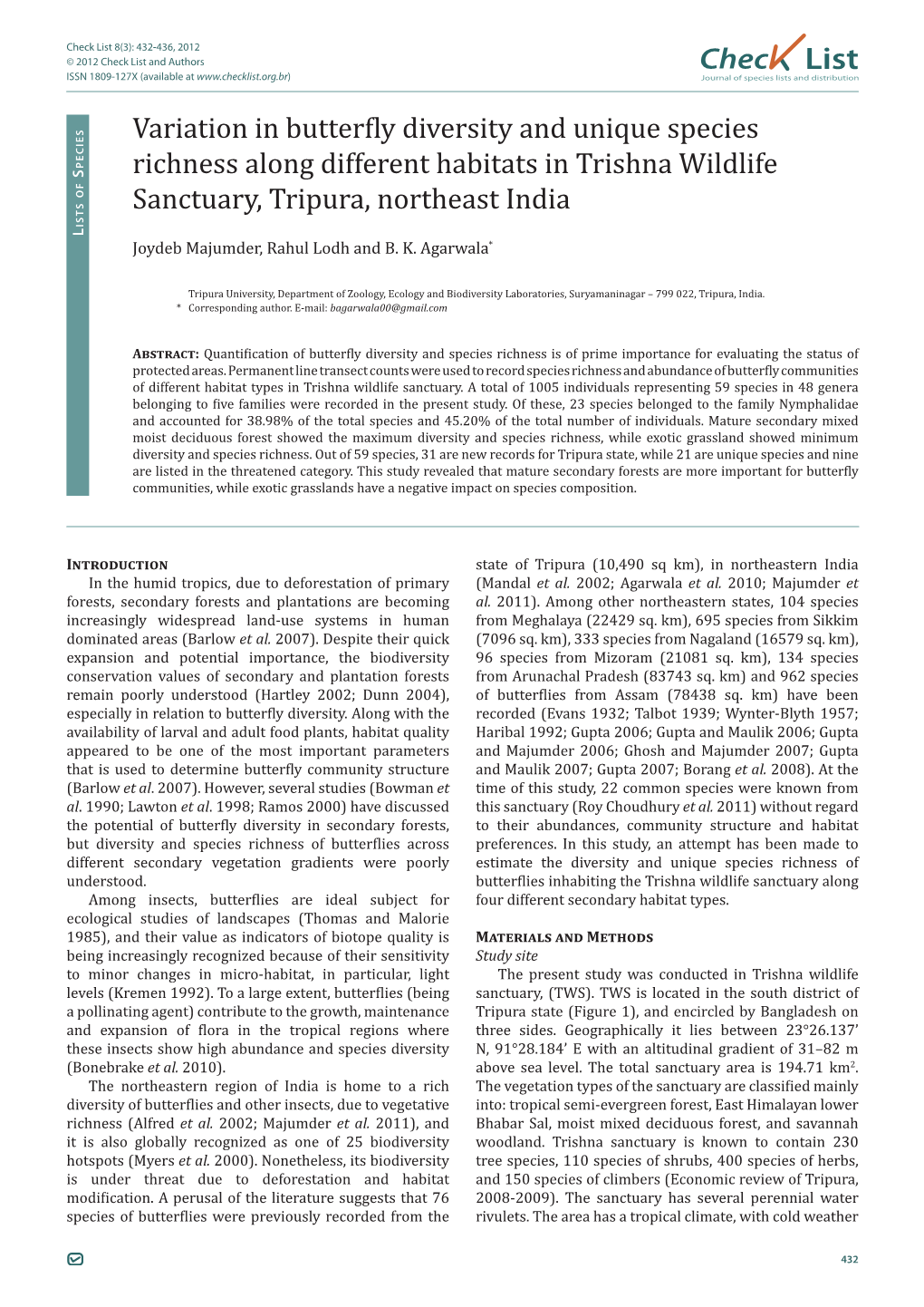 Variation in Butterfly Diversity and Unique Species Richness Along