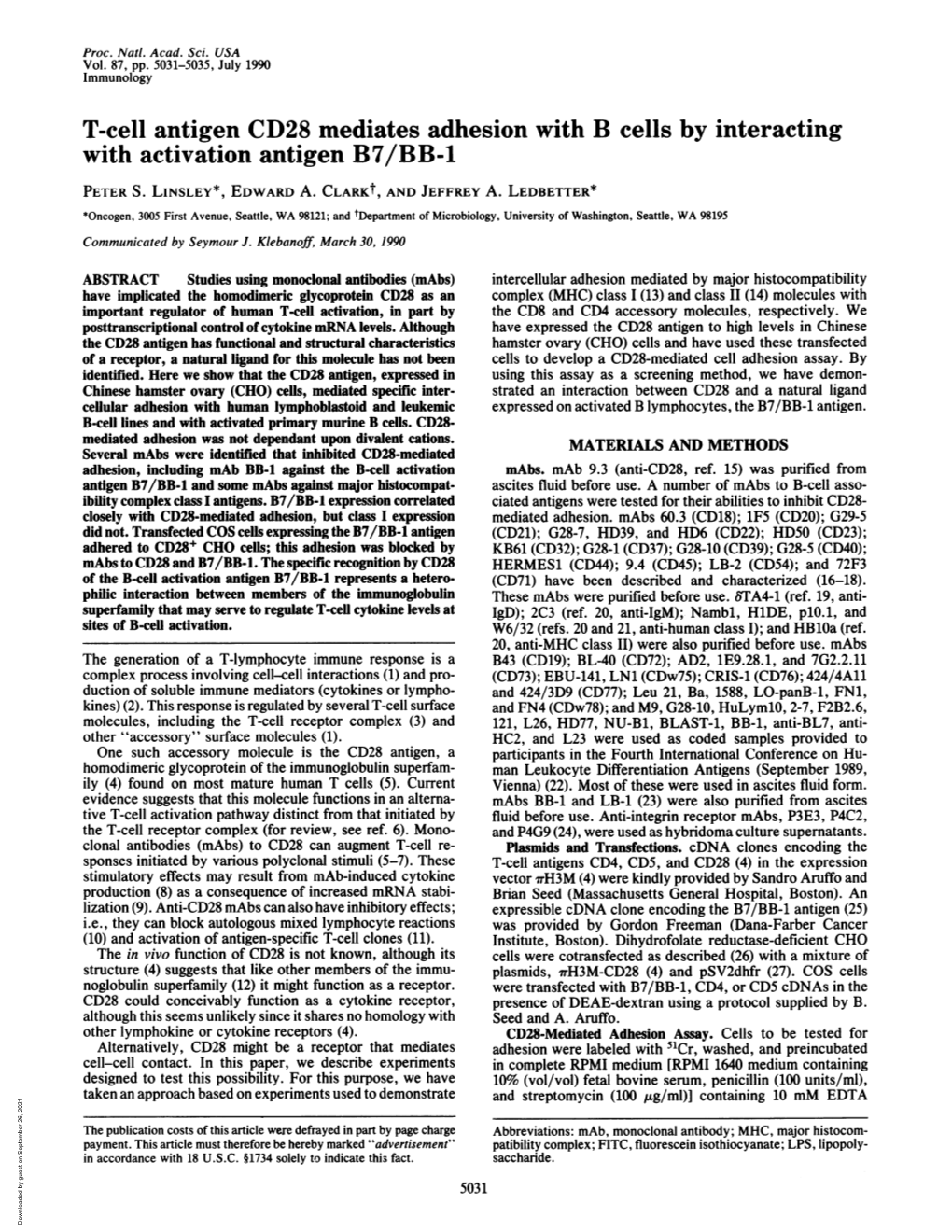 T-Cell Antigen CD28 Mediates Adhesion with B Cells by Interacting with Activation Antigen B7/BB-1 PETER S