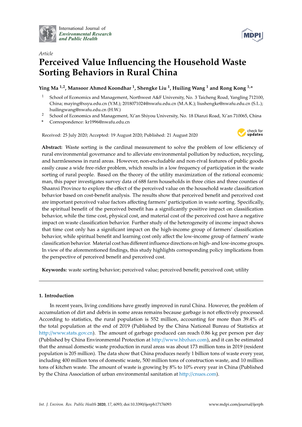 Perceived Value Influencing the Household Waste Sorting