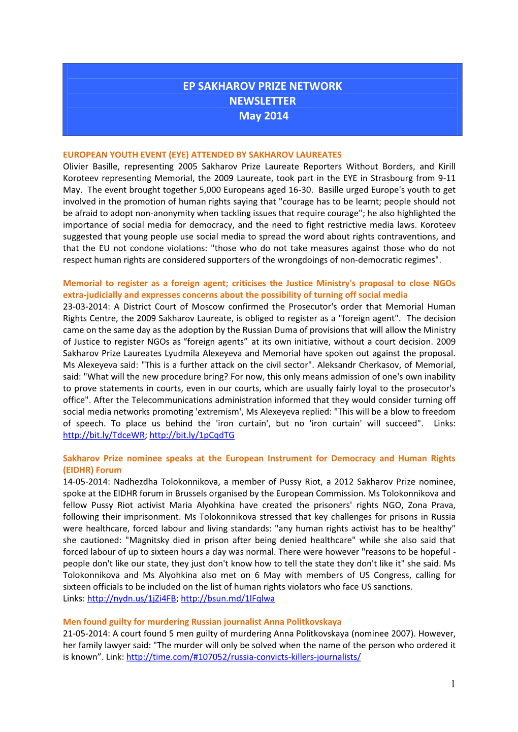 EP SAKHAROV PRIZE NETWORK NEWSLETTER May 2014