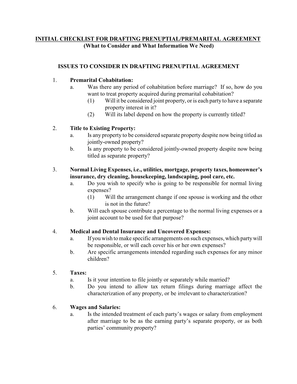 INITIAL CHECKLIST for DRAFTING PRENUPTIAL/PREMARITAL AGREEMENT (What to Consider and What Information We Need)