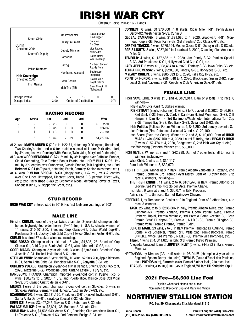 IRISH WAR CRY Chestnut Horse, 2014; 16.2 Hands CONNECT: 6 Wins, $1,370,000 in 8 Starts, Cigar Mile H-G1, Pennsylvania Mr