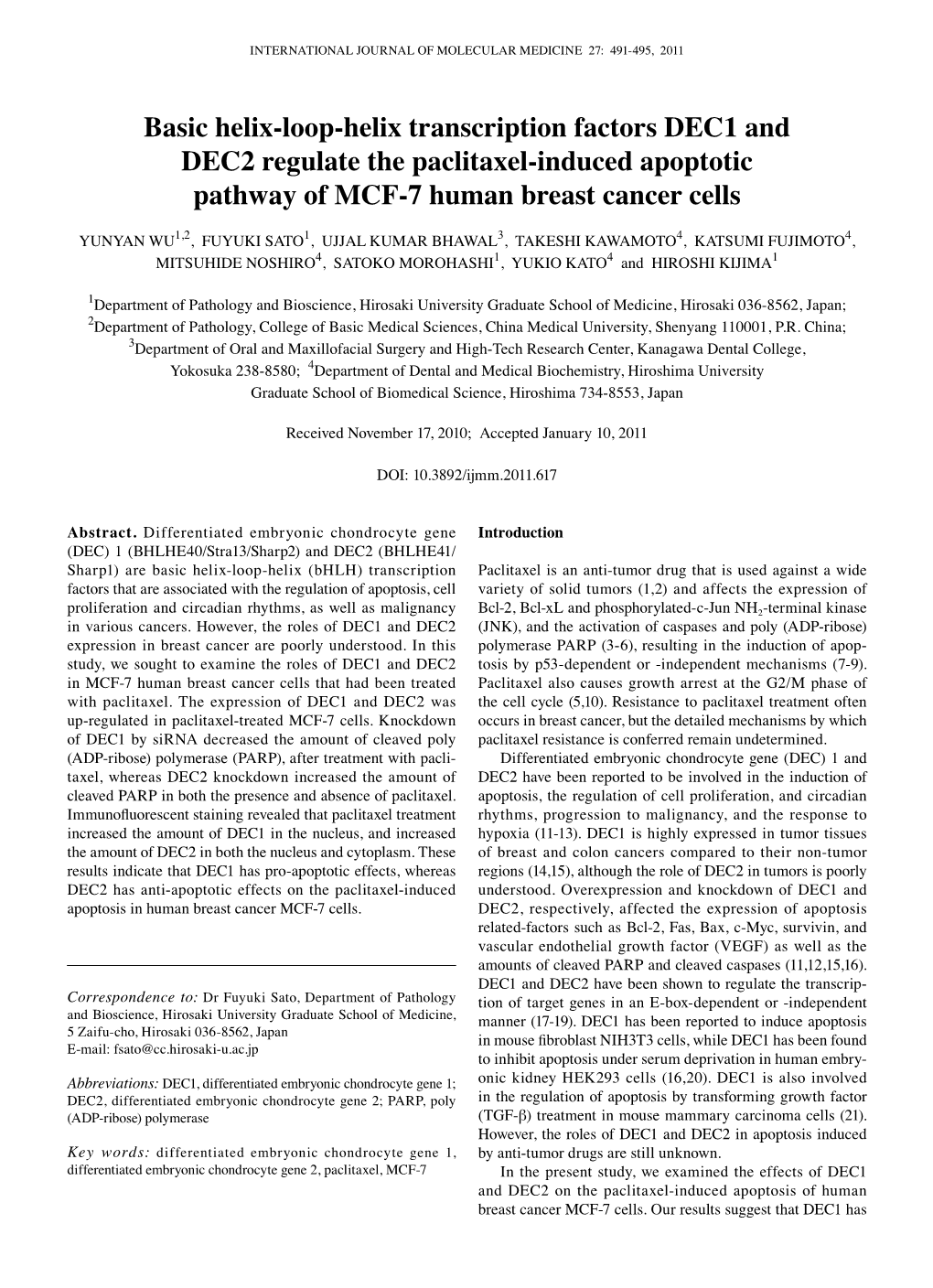 Basic Helix-Loop-Helix Transcription Factors DEC1 and DEC2 Regulate the Paclitaxel-Induced Apoptotic Pathway of MCF-7 Human Breast Cancer Cells