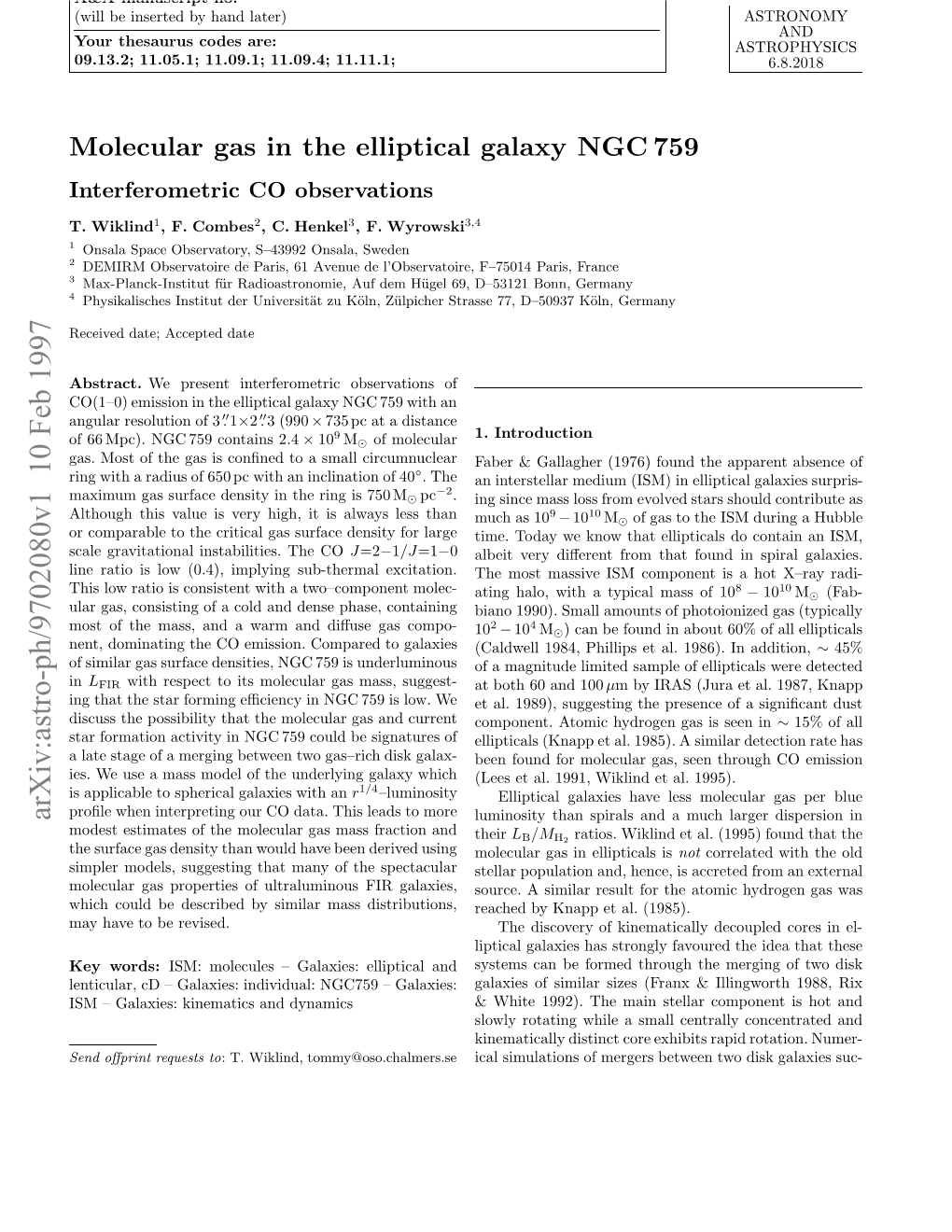 Molecular Gas in the Elliptical Galaxy NGC 759 Cessfully Reproduce the Observed Properties (Hernquist & Barnes 1991)