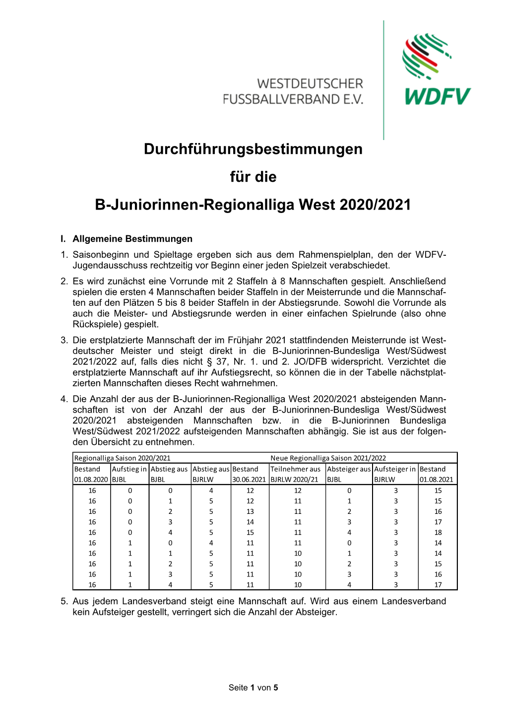 Durchführungsbestimmungen Für Die B-Juniorinnen-Regionalliga West