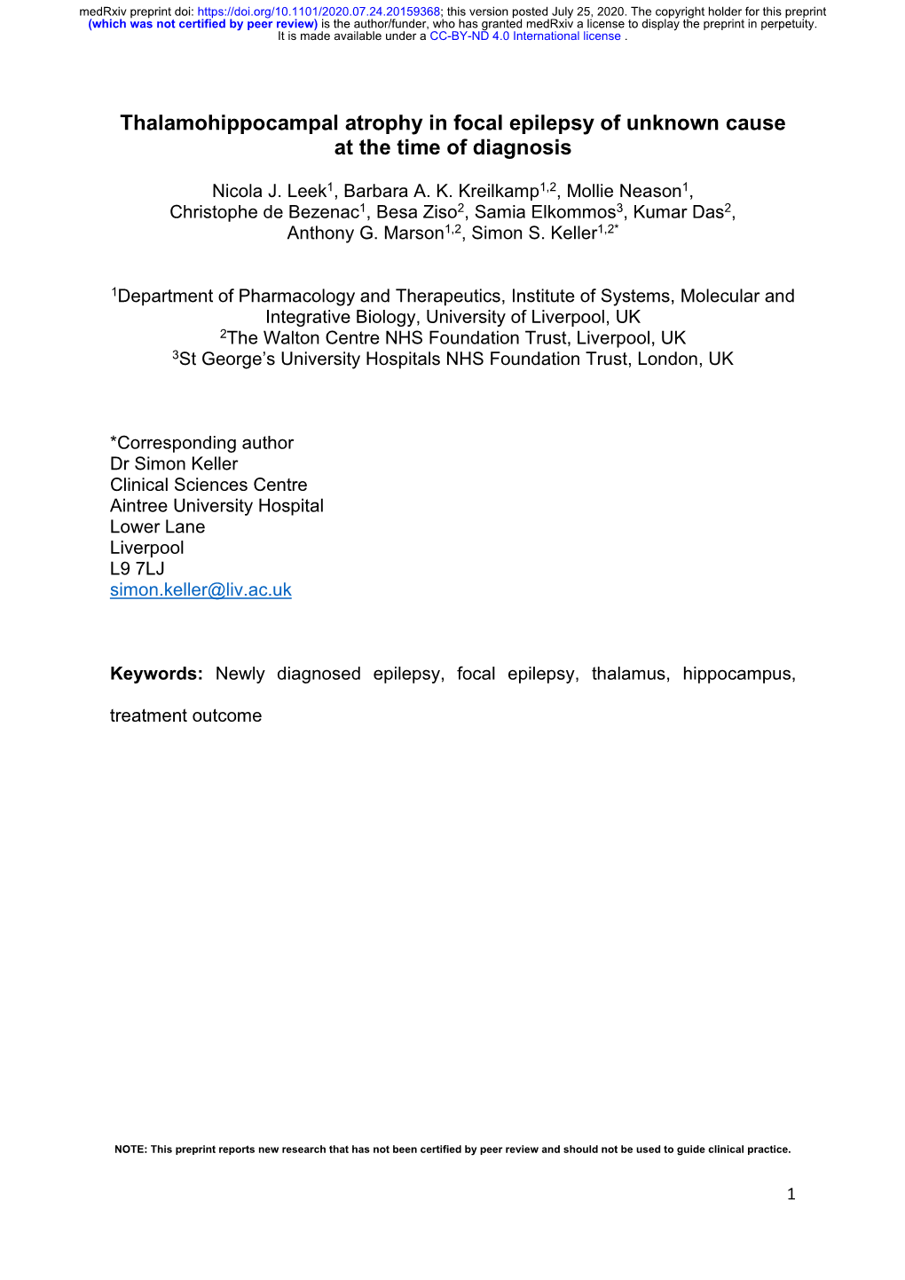 Thalamohippocampal Atrophy in Focal Epilepsy of Unknown Cause at the Time of Diagnosis