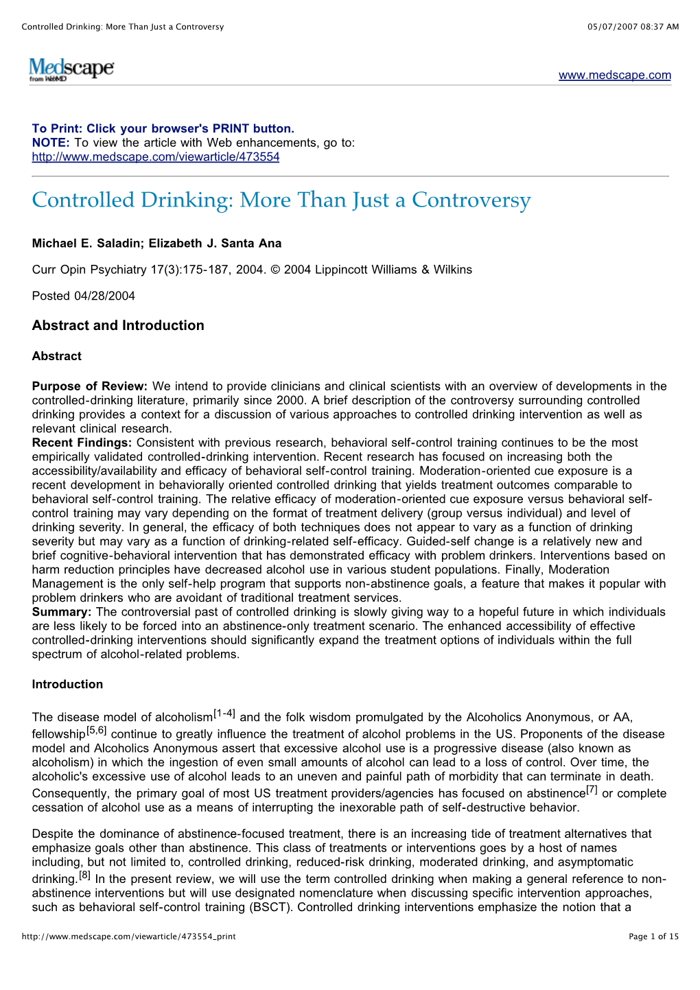 Controlled Drinking: More Than Just a Controversy 05/07/2007 08:37 AM