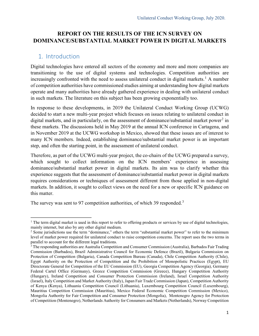 Report on the Results of the Icn Survey on Dominance/Substantial Market Power in Digital Markets