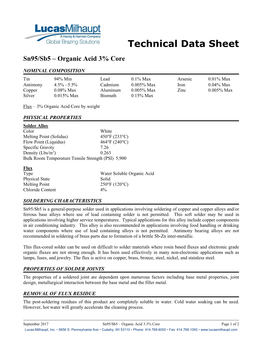 Sn95/Sb5 – Organic Acid 3% Core