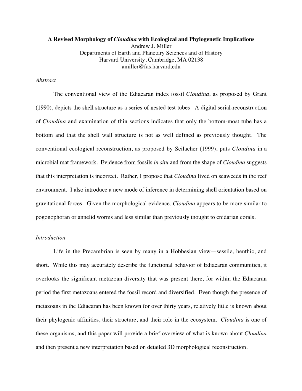 A Revised Morphology of Cloudina with Ecological and Phylogenetic Implications Andrew J